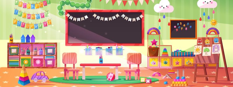 Montessori kindergarten playroom with table, chairs, blackboard and toys. Empty nursery room interior in kids daycare center with wooden furniture and toys, vector cartoon illustration